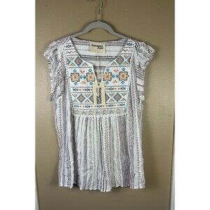 Savanna Jane Women's Embroidered L Flutter Short Sleeve Pullover Top Boho Blouse
